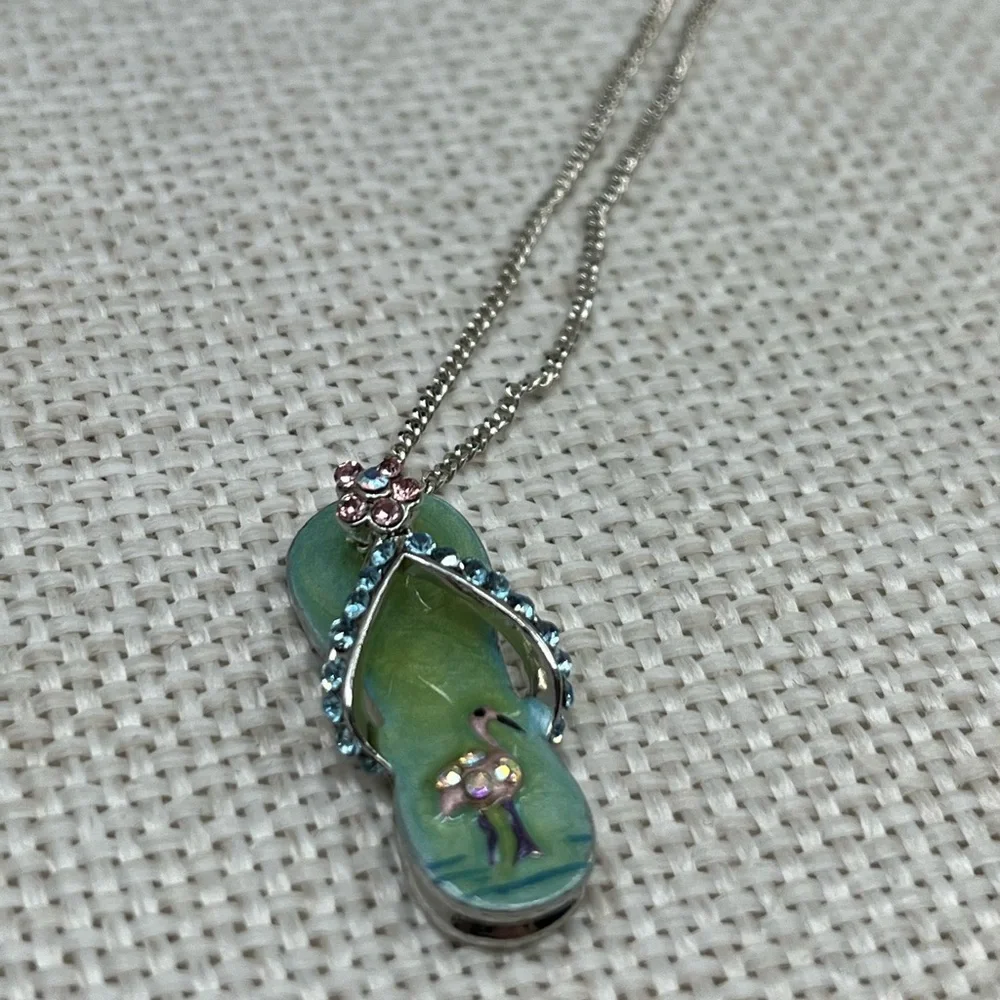 Vintage Sterling Silver Flip-Flop Pendant Necklace with Flamingo & Crystals, 18” - Picture 10 of 15